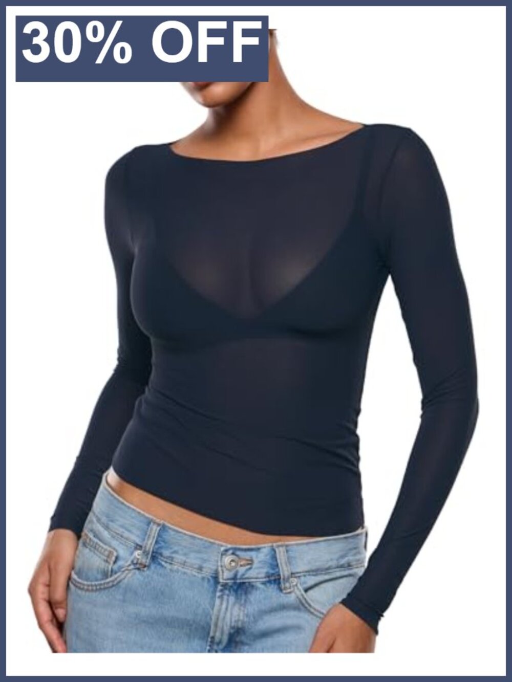 Women's Sheer Mesh Boat Neck Long Sleeve Top Slim Fit Pullover